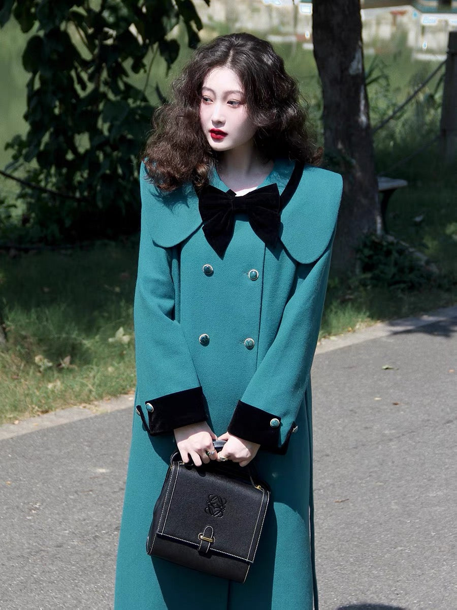 Eat Green Vegetables Blue College Style Woolen Coat Women's Spring Premium Style Vintage Jacket T2369