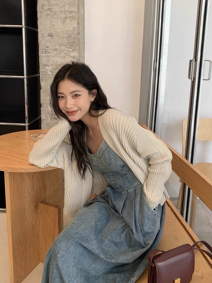 Ren Xiaoyi Retro Blue Denim Suspender Skirt Female 2023 Autumn New High Waist Swing Skirt Slender Long Dress