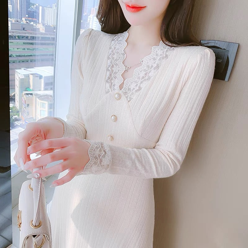 lolita early autumn knitted v-neck dress women's 2022 new high-end temperament small skirt