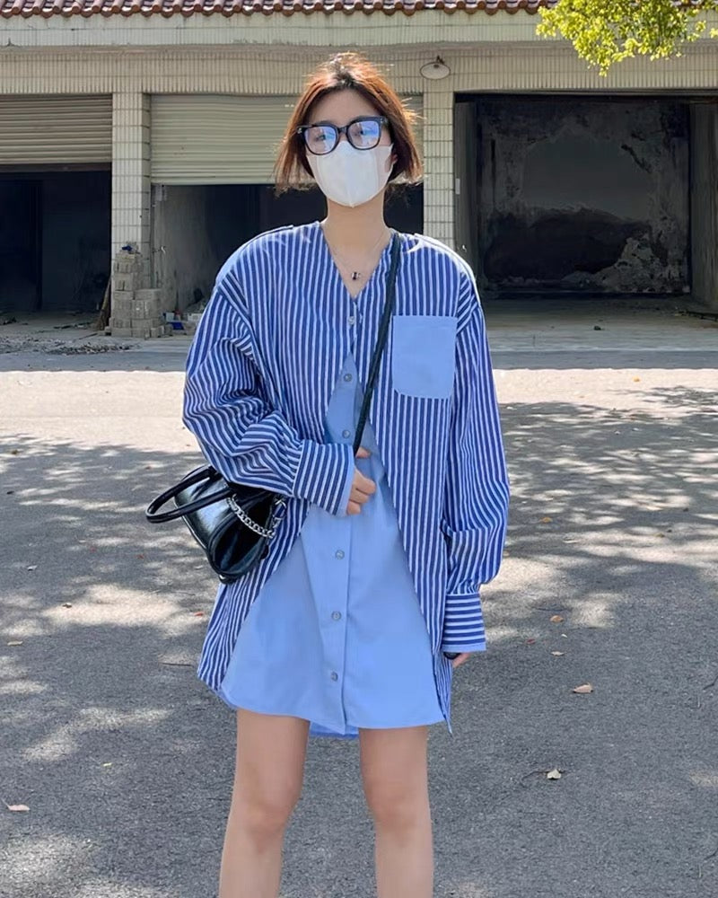 2023 new blue V-neck striped long-sleeved shirt dress summer loose niche casual fake two-piece dress for women