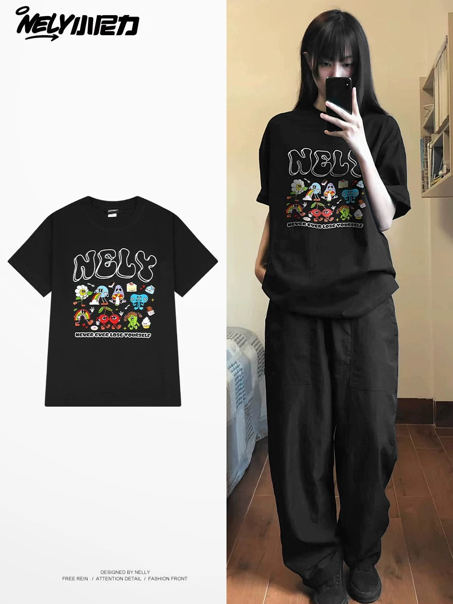American cartoon cat print round neck short sleeve men and women summer 2025 couple pure cotton t-shirt half sleeve bottoming shirt trend
