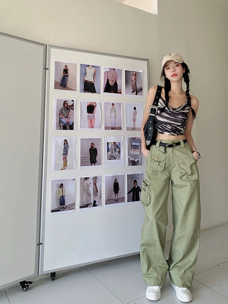 Earth Store Bean Green American High Waist Slim Loose Straight Workwear Style Casual Pants Women's Spring and Summer New Floor-Mopping Pants