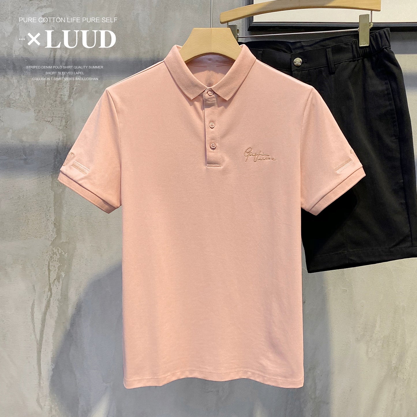 LUUD handsome art sign embroidery men's polo Paul top fashion simple short-sleeved slim-fit short-sleeved shirt tide