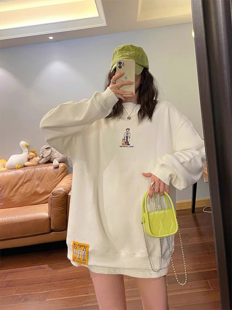 College style gentle beige sweatshirt women's 2023 autumn loose slimming mid-length velvet thickened top