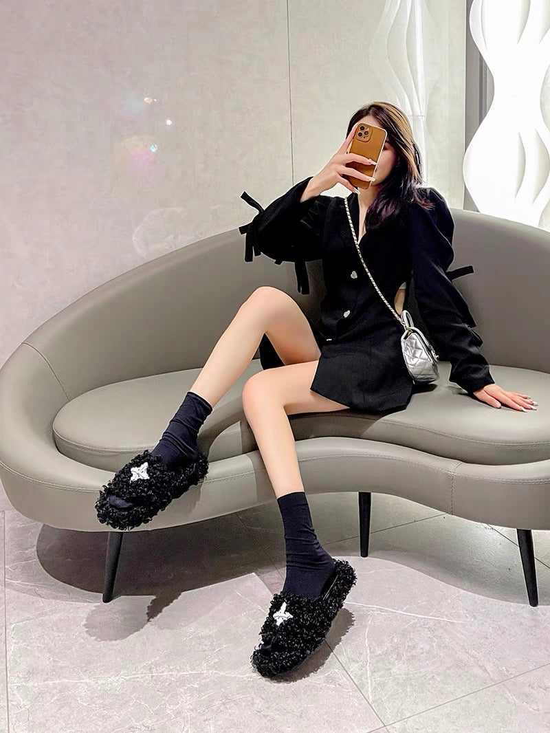 Mr. h/2023 New Furry Slippers Women's Cross Wear Flat Thick Soled Increased One-line Slippers (S0125)