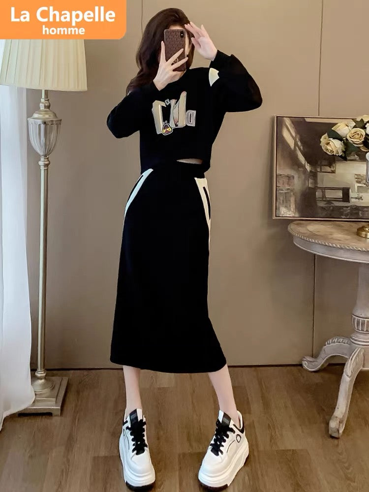 La Chapelle casual sports suit skirt women's autumn and winter 2023 new fashionable style sweatshirt two-piece set plus velvet