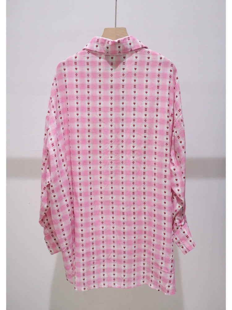 Soft and thin love lace stitching 2024 summer loose medium-length short front and long back plaid long-sleeved cotton shirt for women