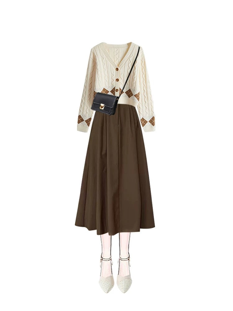 A complete set of tea style outfits, Maillard outfits, dresses, knitted sweaters, preppy old money style long skirt suits
