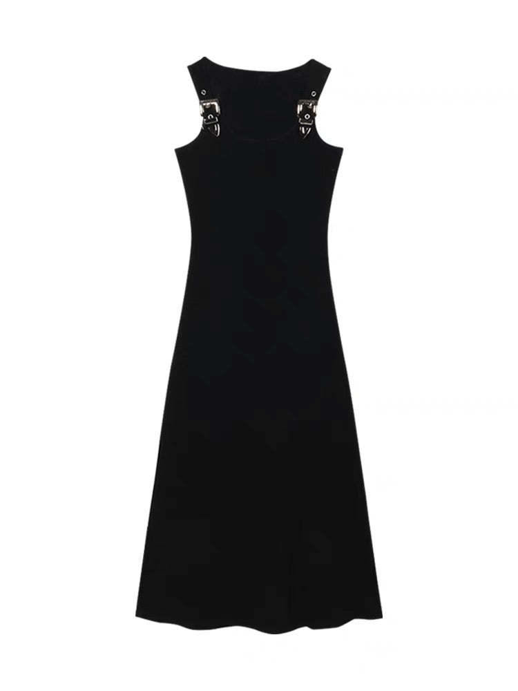 American workwear buckle suspender dress for women summer waist slit vest long skirt sweet hottie black a-line skirt