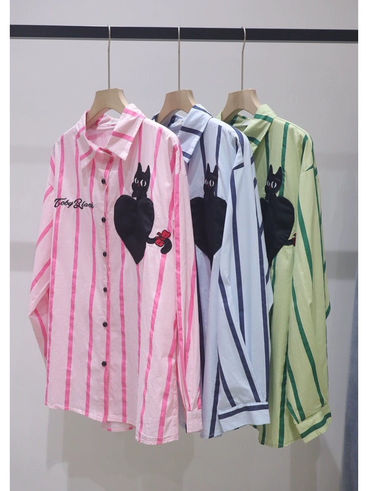 Korean style personalized love kitten embroidery 2024 spring and summer loose slim cotton striped long-sleeved casual shirt for women