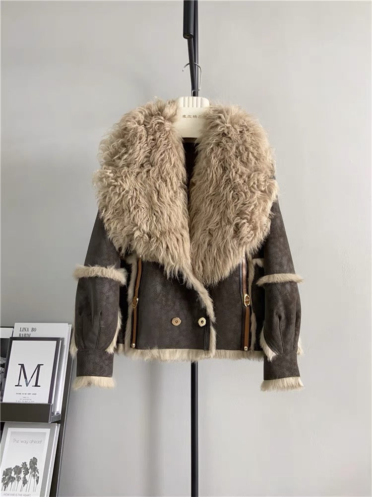 Haining's new rabbit fur natural fur all-in-one motorcycle wind beach wool fur collar foreign style new style women's winter light luxury women T3464