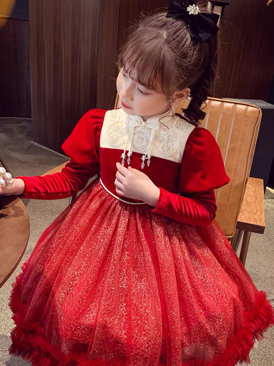 Girls Princess Dress Winter Clothes 2023 New Girls Chinese Style Velvet New Year Skirt Children's Velvet Mesh Dress