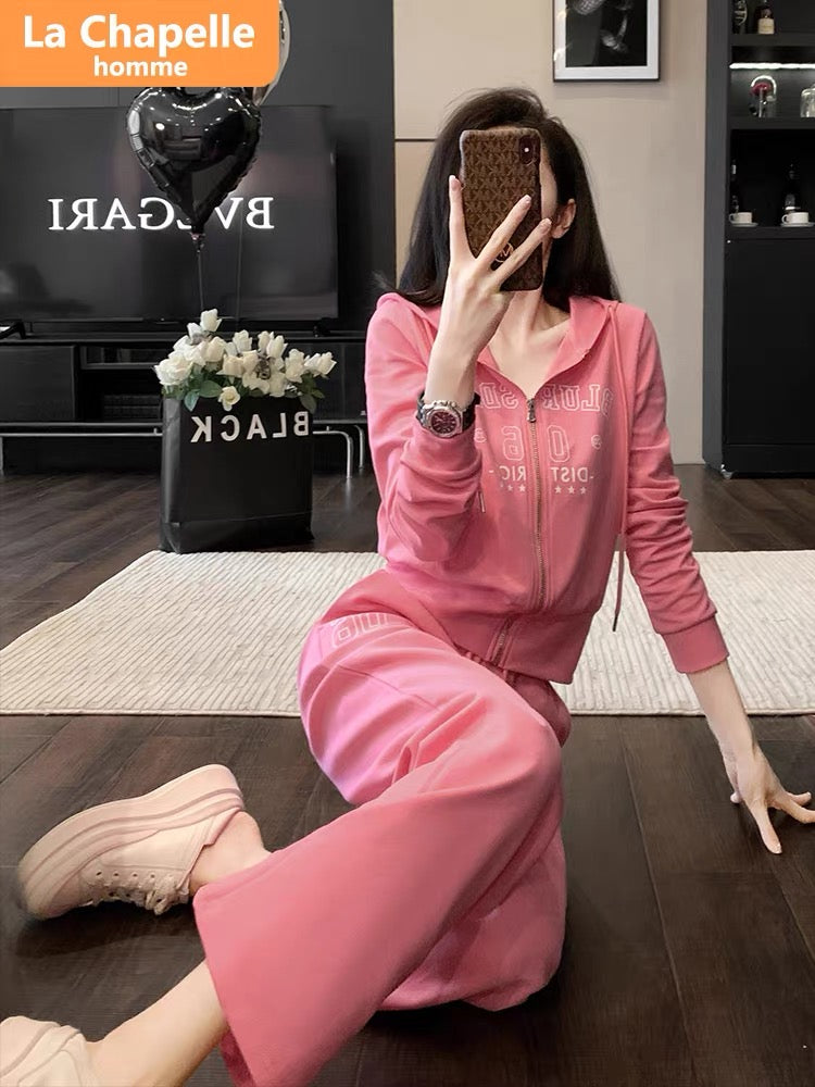 La Chapelle's temperament and age-reducing rose red casual suit for women in autumn 2023 new design sports two-piece set