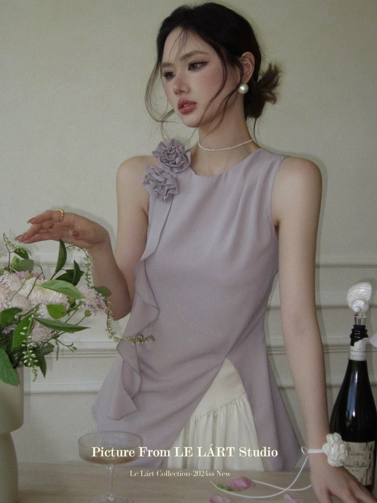 LELART summer new French temperament elegant little woman flower ribbon slim vest top slit small shirt