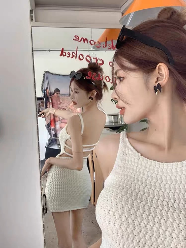 French sexy backless white knitted suspender dress female summer slim sweet hot girl vest bag hip short skirt