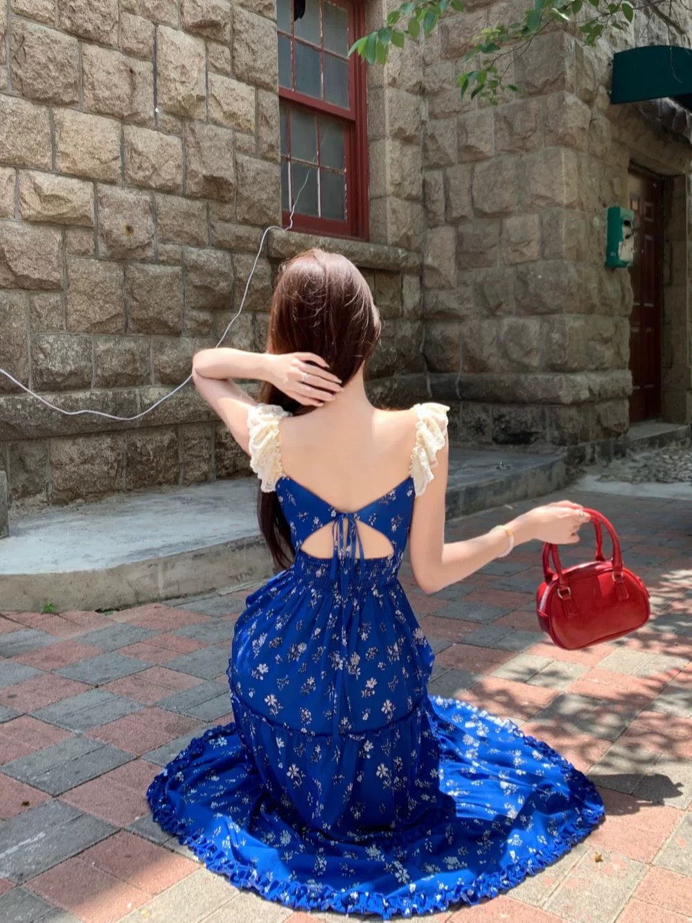 Blue floral suspender dress women's summer French hollow lace stitching high waist seaside holiday long skirt