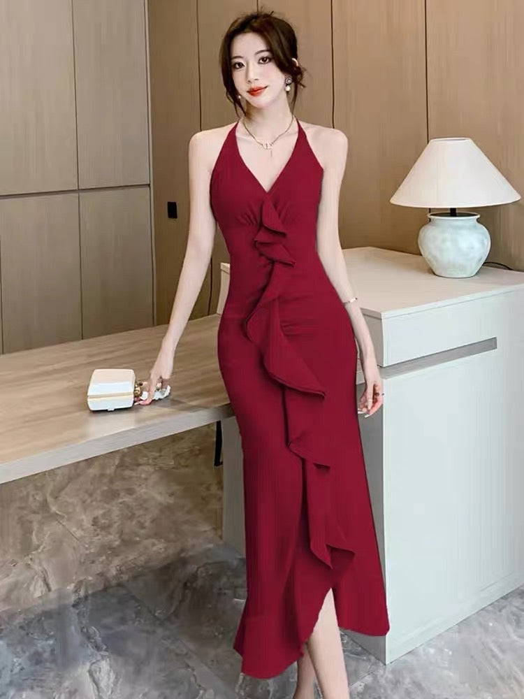 French temperament lotus leaf edge red hanging neck suspender dress women's summer high-end sexy bag hip V-neck slit long skirt