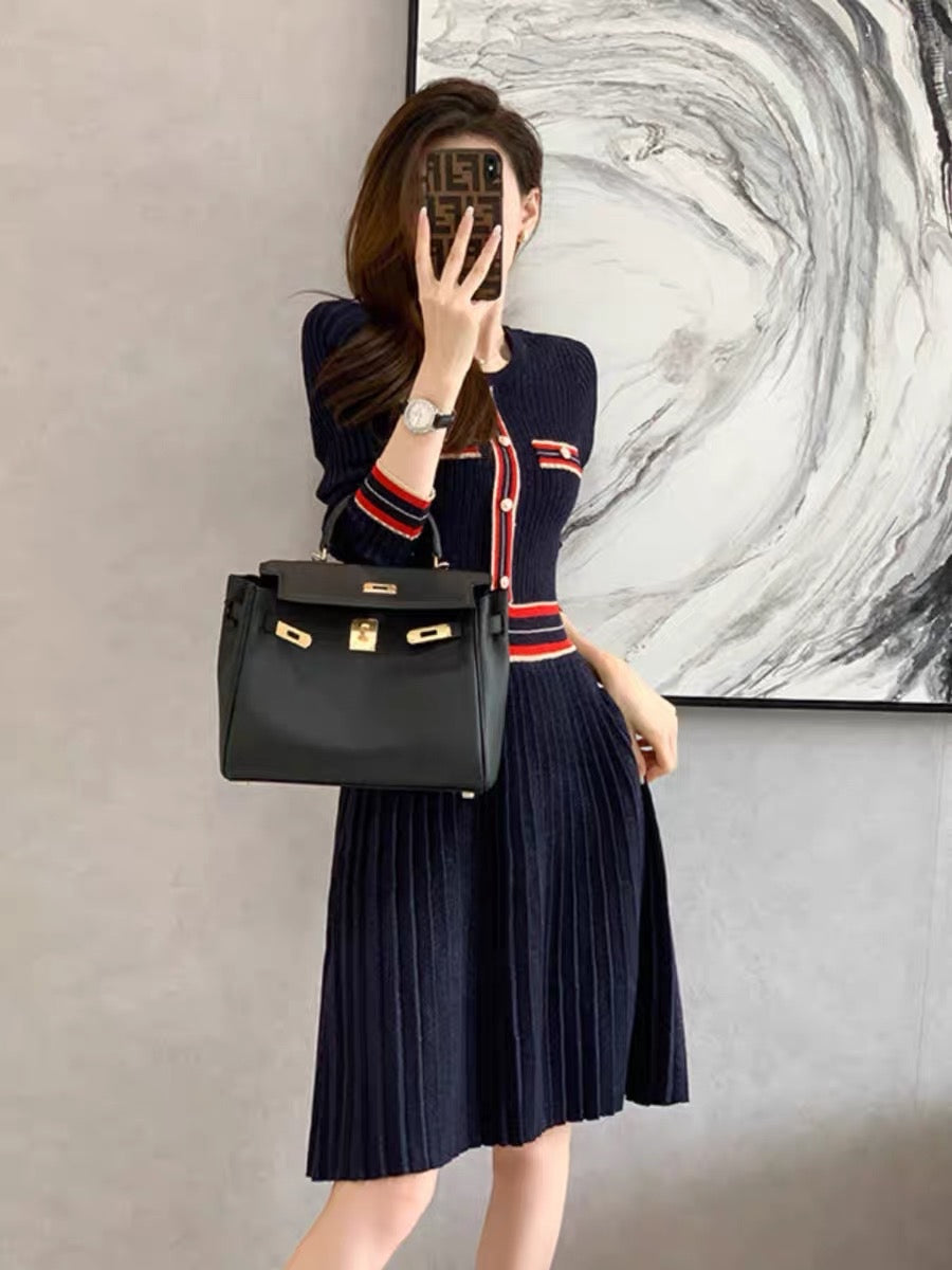 2023 autumn and winter new style small fragrant style knitted dress mid-length temperament inner body slimming high waist sweater skirt D8890