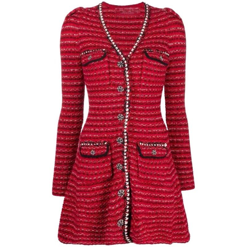 Tang Yan star wears the same French socialite style with an engagement dress, a red slim-fitting knitted dress D9197