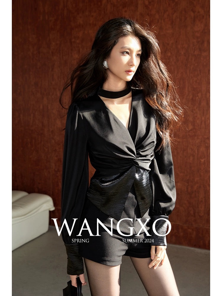 WANGXO丨High-definition and luxurious matte walnut satin丨V-neck halterneck waist-cinching splicing design long-sleeved shirt for women