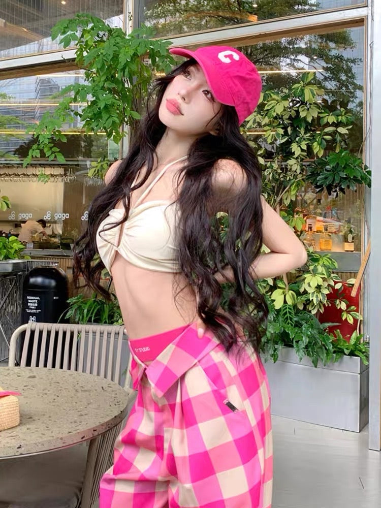 Seaside wear sexy hot girl tube top halter neck camisole suit female plaid wide-leg casual trousers two-piece set