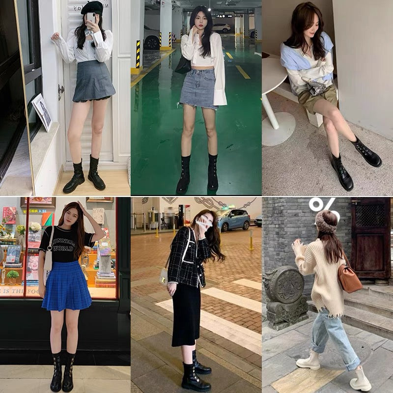 Martin boots 2023 new popular Internet celebrity knight boots flat mid-calf boots plus velvet short boots for women autumn and winter off-white
