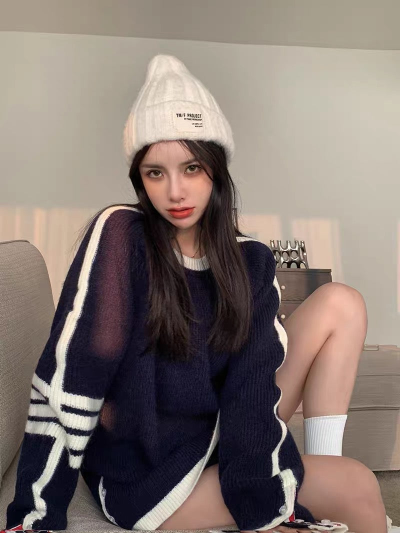 Korean style casual color-blocked button long-sleeved sweater for women autumn 2023 new style lazy style versatile loose knitted top A2239