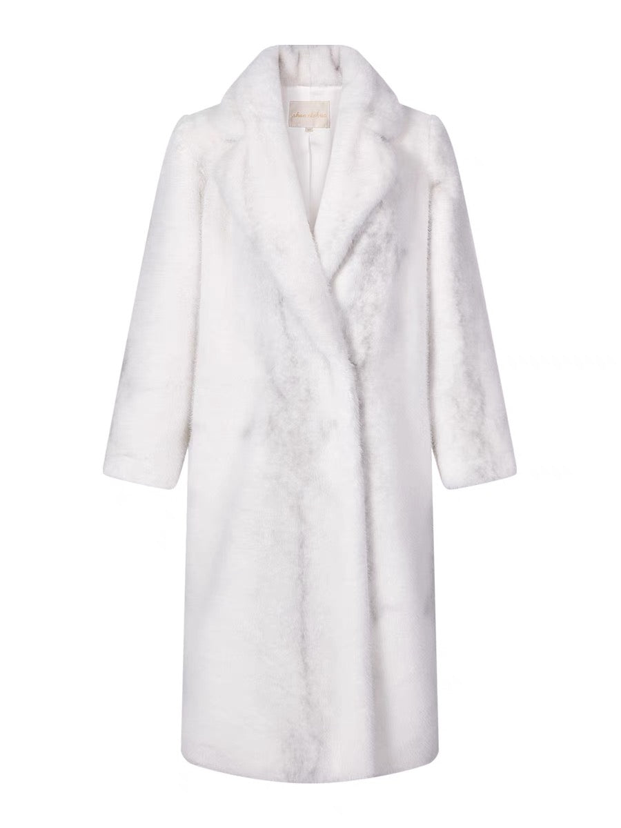 Shanxi said that the halo-dyed white suit collar is environmentally friendly fur imitation fur double-breasted coat for women long warm temperament coat (B1315)