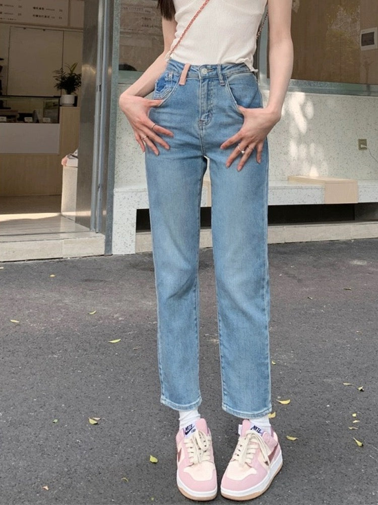 kumikumi retro washed blue jeans nine-point pants women's spring high-waist slim versatile straight long pants