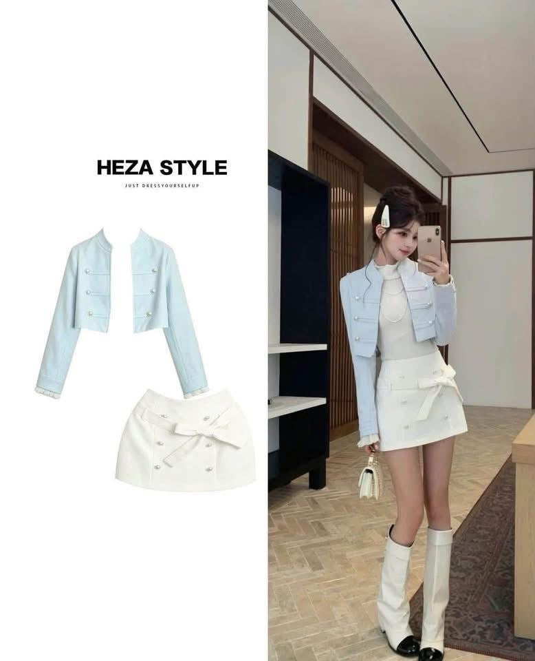 HEZA Early Autumn Two-Piece Set: Stylish Jacket & Bow-Detail Skirt (French "Heiress" Style, Flattering Fit)