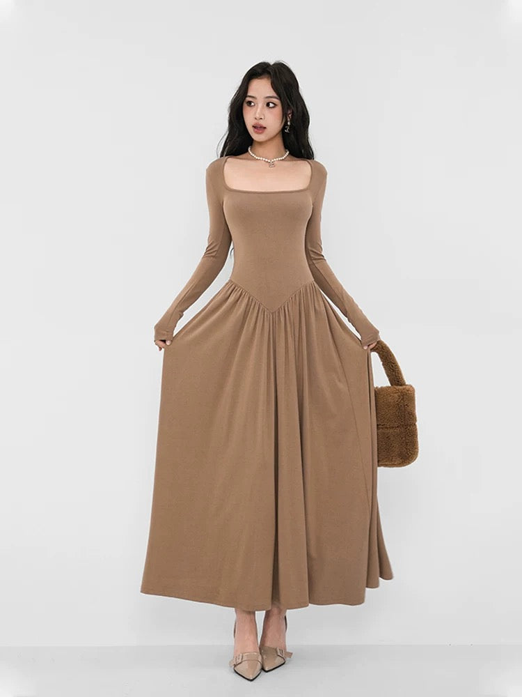 European and American slim-fitting dress for women in spring, autumn and winter, small lady, square collar, tight-fitting, slimming bottoming, stepmother long skirt