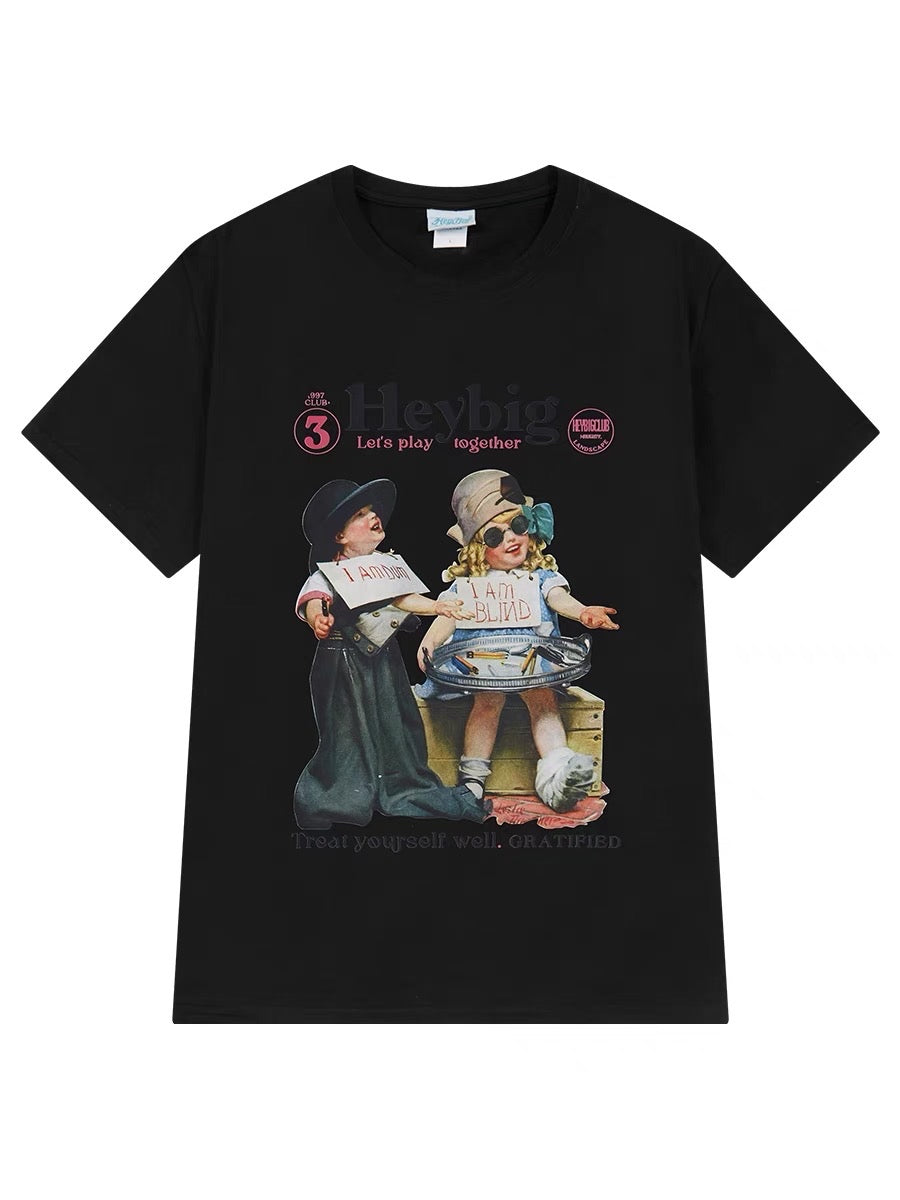 Ins printed short-sleeved t-shirt women and men summer new American retro cotton European and American high street tide brand all-match top bf