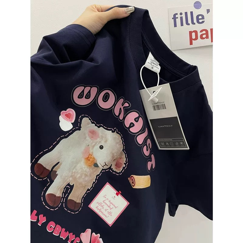 American style ins three bears printed cotton short-sleeved T-shirt men and women summer heavyweight all-match loose couple tops
