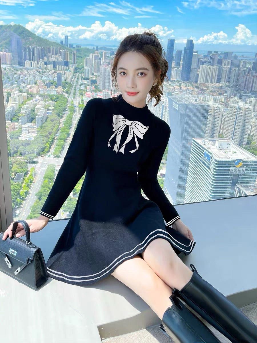 Autumn clothing 2023 new French black sweater skirt little black skirt autumn high-end knitted dress women autumn and winter T2352