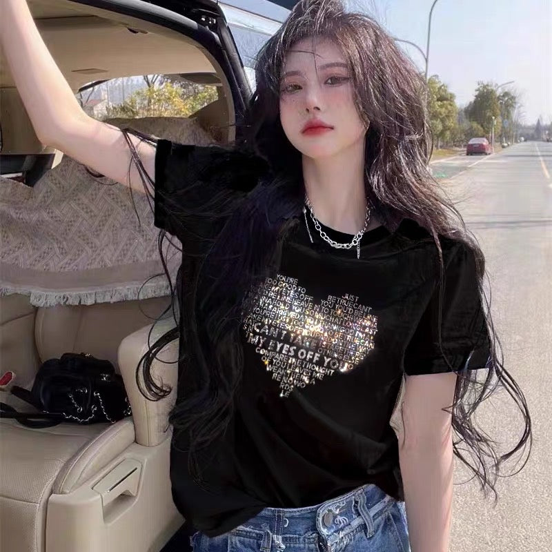European station white t-shirt female ironing diamond love letters loose shoulders pure cotton short-sleeved bottoming shirt with summer ins