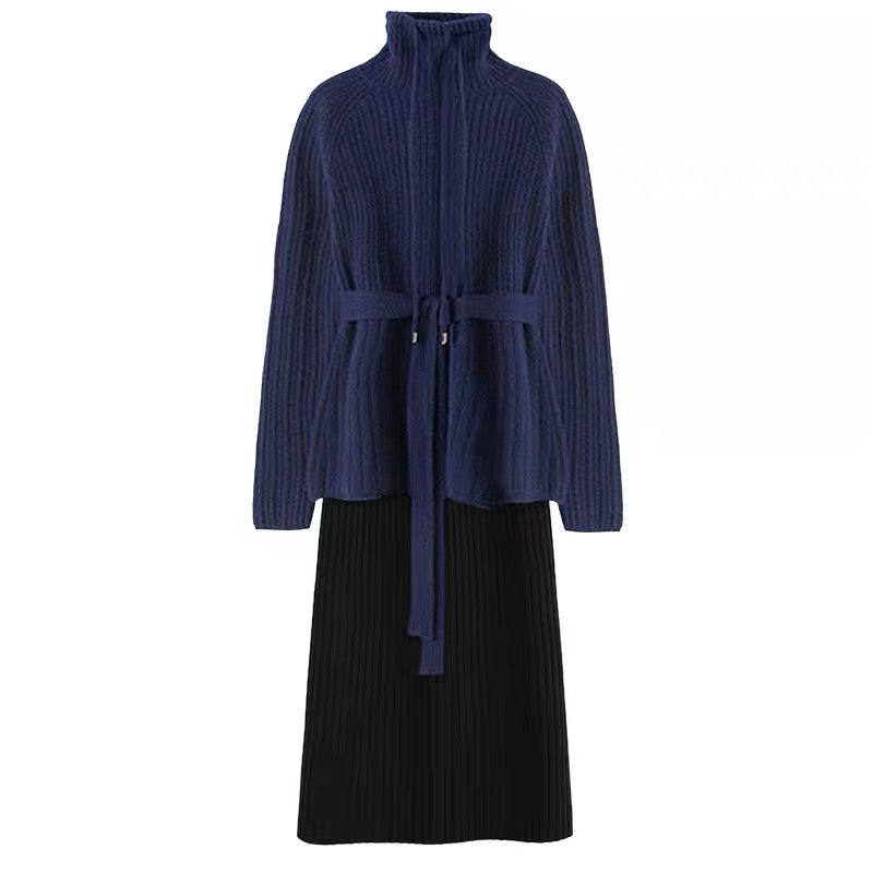 High-end thickened turtleneck lace-up sweater for women 2023 autumn and winter new high-waist hip-covering knitted skirt two-piece set (S0344)