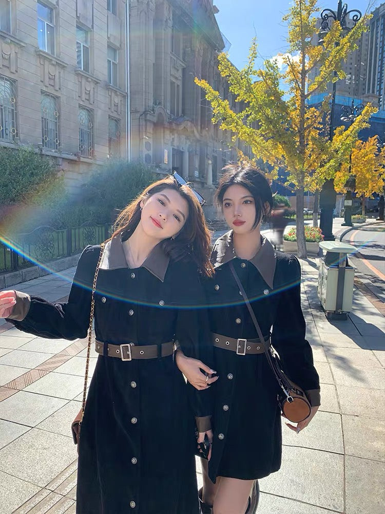 Mr. Zhang 2023 autumn and winter new slimming waist Yujie corduroy bestie skirt mid-length black dress for women (D435)