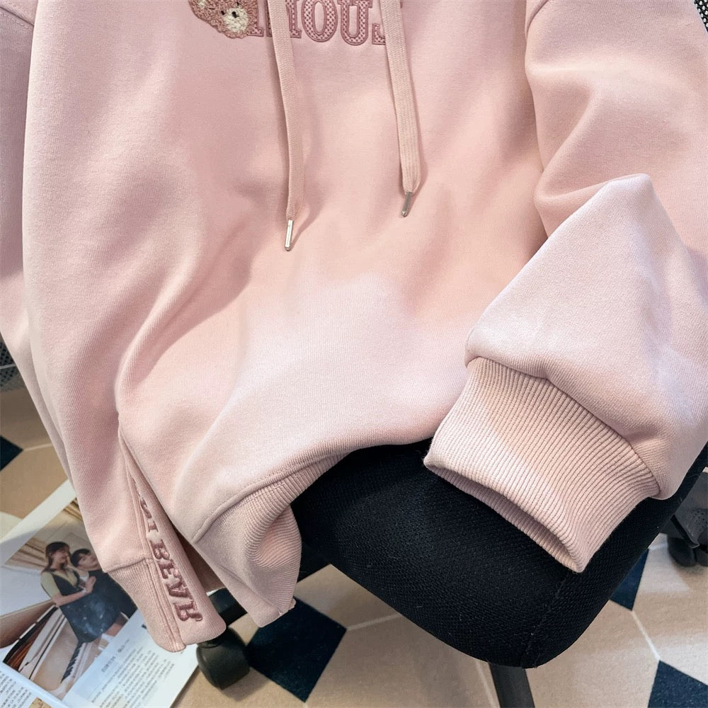 Milk fufu lazy cute little bear embroidered hooded sweatshirt men and women autumn and winter small plus velvet thickened top coat