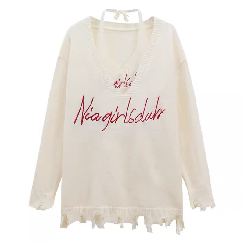 American hot girl white suit for women autumn and winter 2023 new letter halter vest raw edge v-neck sweater two-piece set A2234