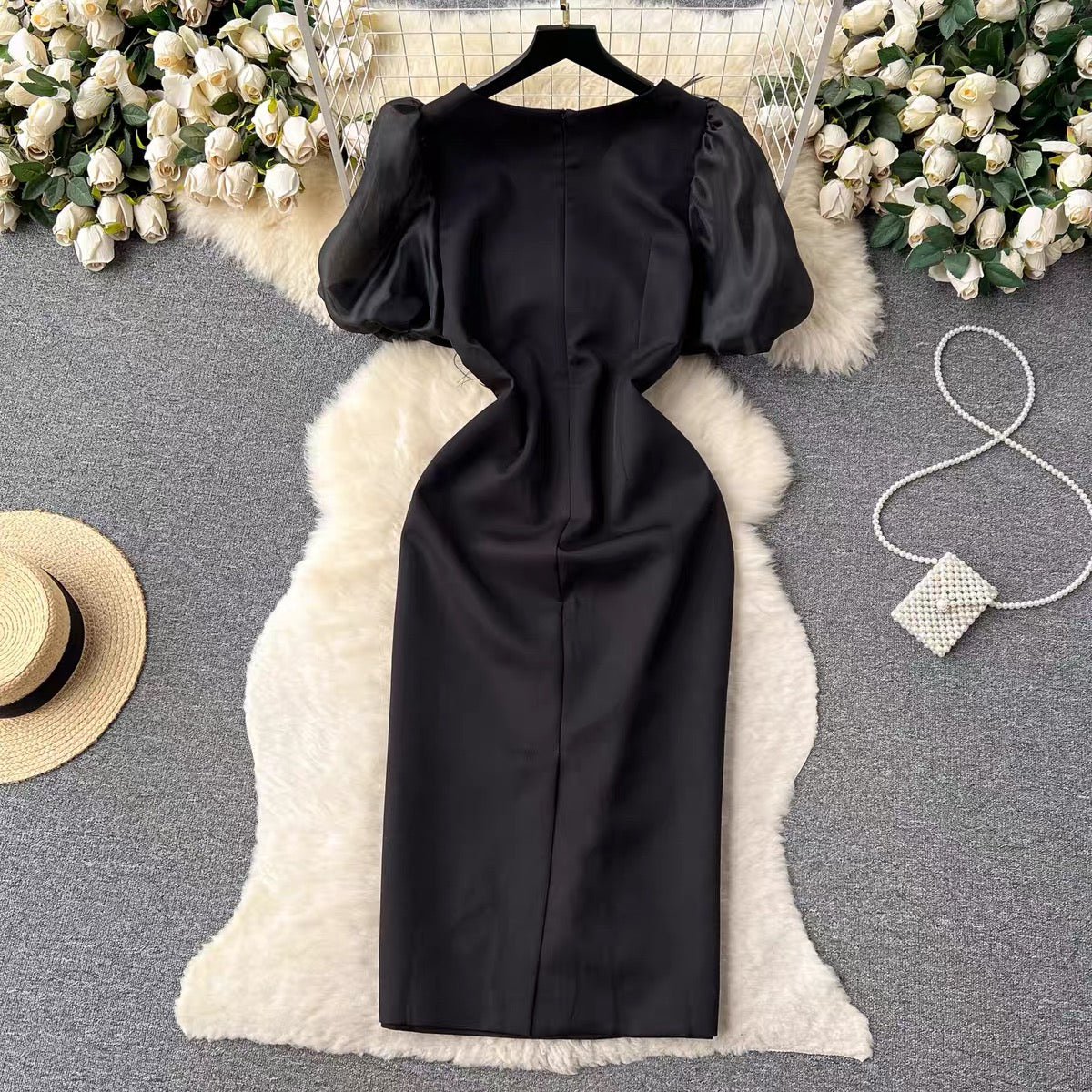 French high-end heavy industry nail diamond feather tassel round neck dress women's slim and elegant puff sleeve dress long dress (D0982)