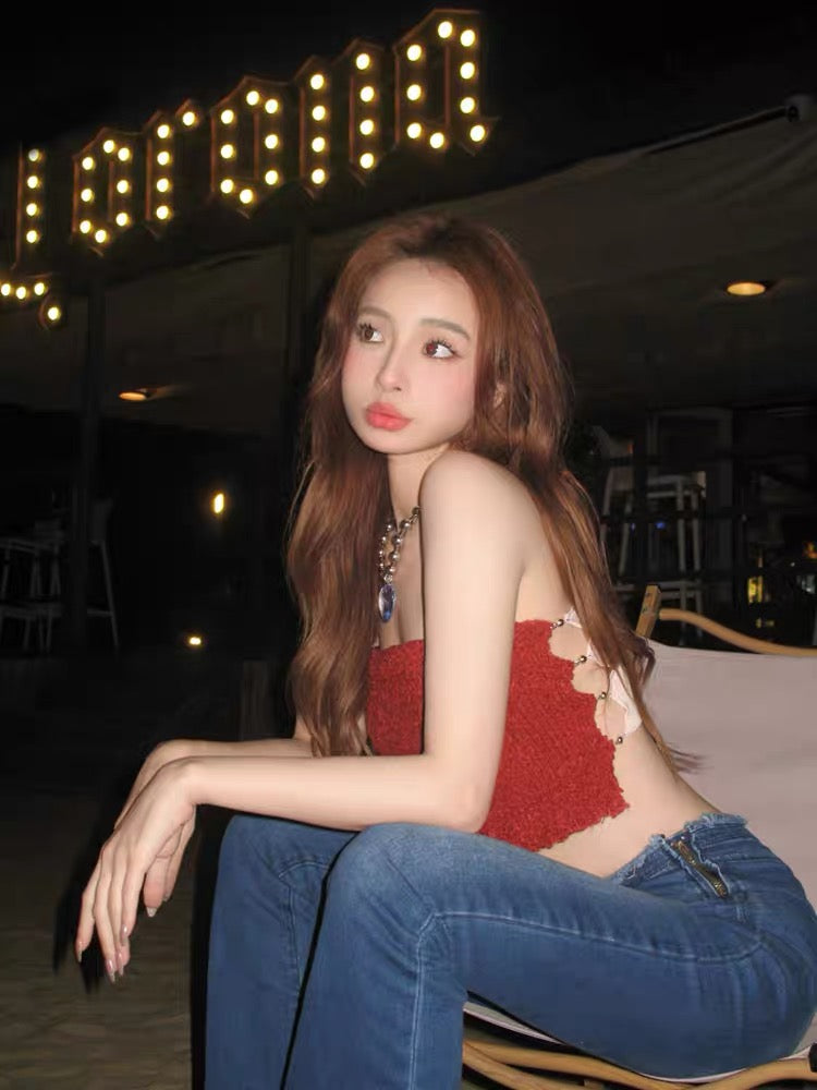 French sweet babes style knitted tube top small camisole women's summer inner and outer wear American sexy short top