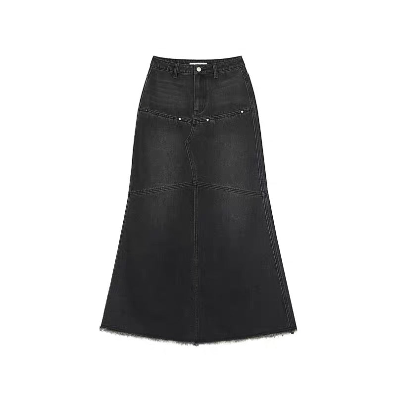 FBB limit early autumn new temperament denim skirt women's split line design raw edge A-hem skirt versatile