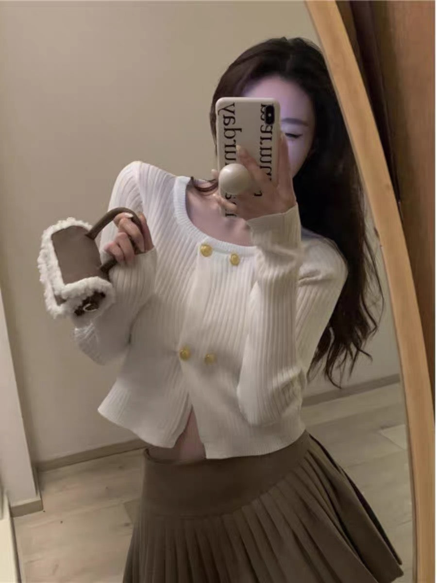 kumikumi design niche long-sleeved knitted cardigan women's 2023 autumn new slim fit short top (D6665)