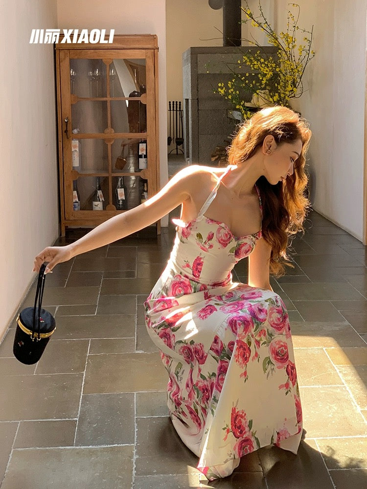 Xiaoli XIAOLI Carlo's rose floral sling dress spring and summer French high-end exquisite holiday long skirt