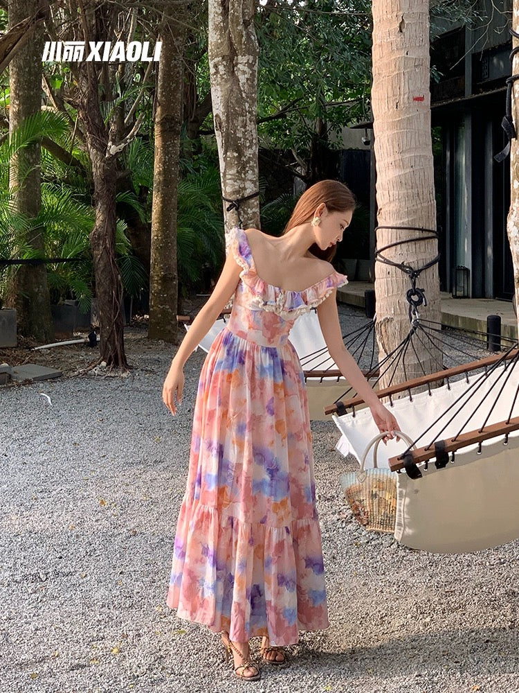 Xiaoli XIAOLI pen painting spring square collar floral dress long dress summer dopamine wear tea break French princess dress