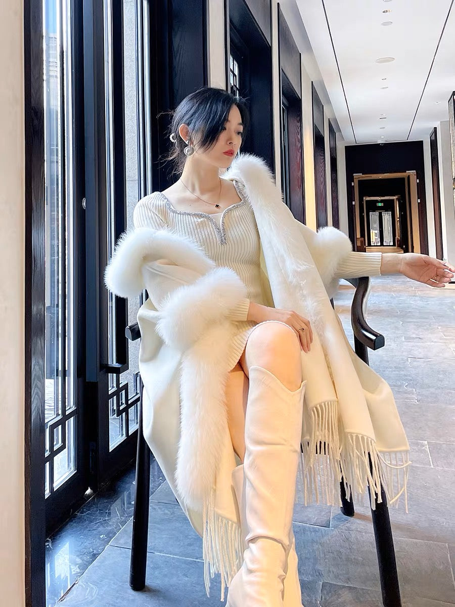 High-end wool double-sided real fox fur placket tassel fur coat