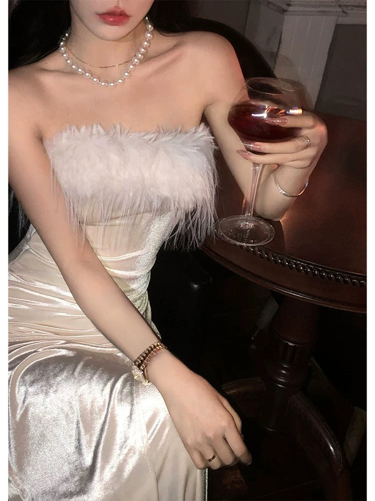 Aunt Barbie's annual party velvet tube top dress women's autumn and winter exquisite birthday dress furry long skirt New Year's shirt