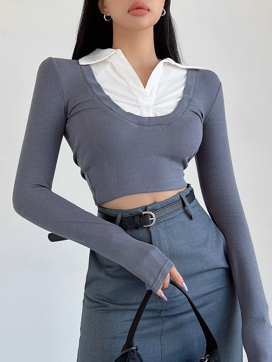 liviahome college style shirt collar fake two-piece top for women autumn hot girl tight short navel-baring long-sleeved T-shirt (T196)
