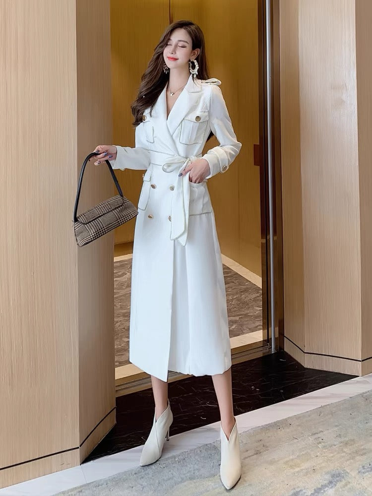 New autumn clothing for women, ladylike temperament, waist lace-up, heavy industrial coat, double-breasted windbreaker, mid-length over-the-knee coat