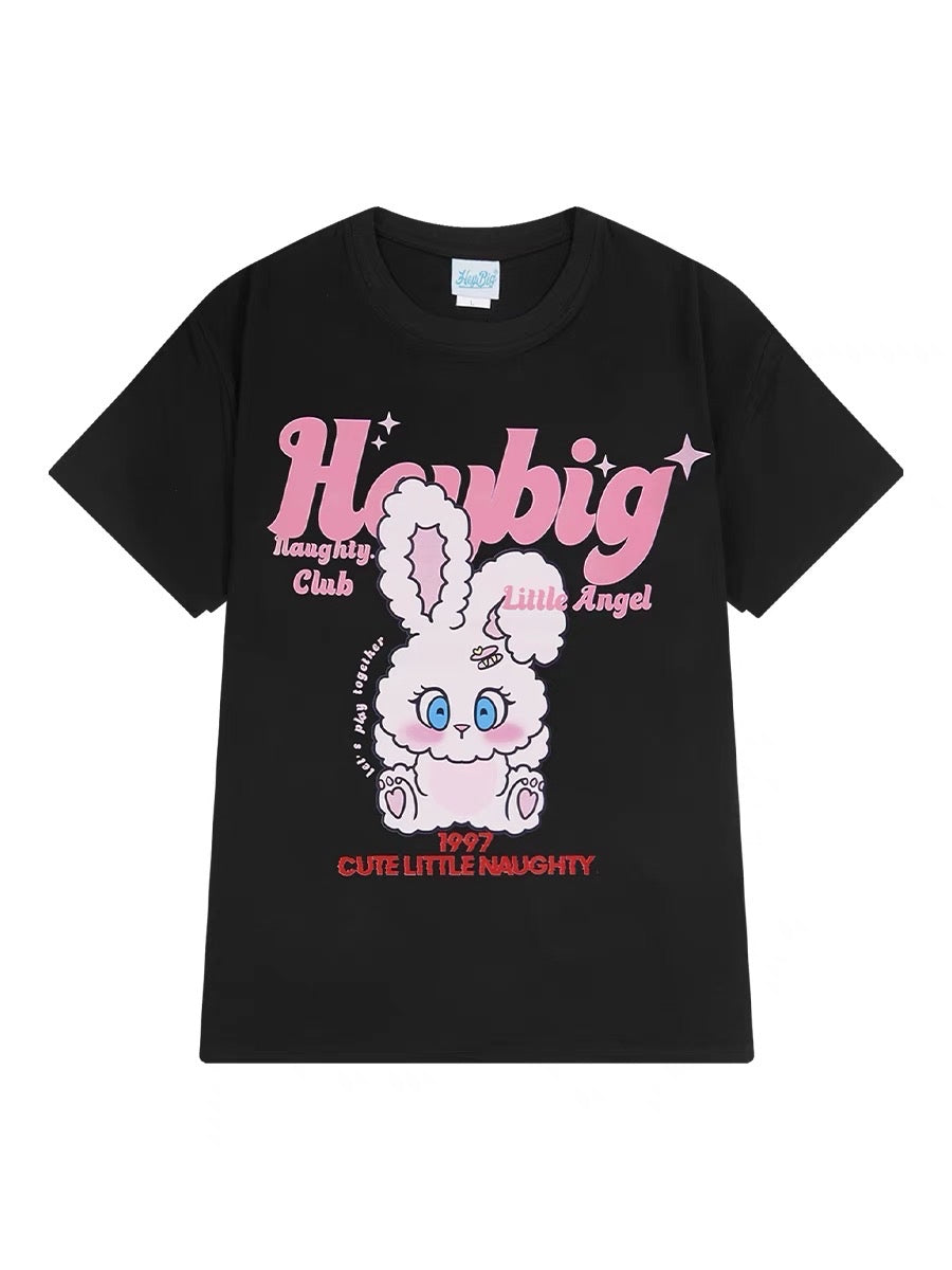 ins loose thin round neck top summer rabbit print shoulder oversize men's and women's T-shirt half-sleeved sleeves